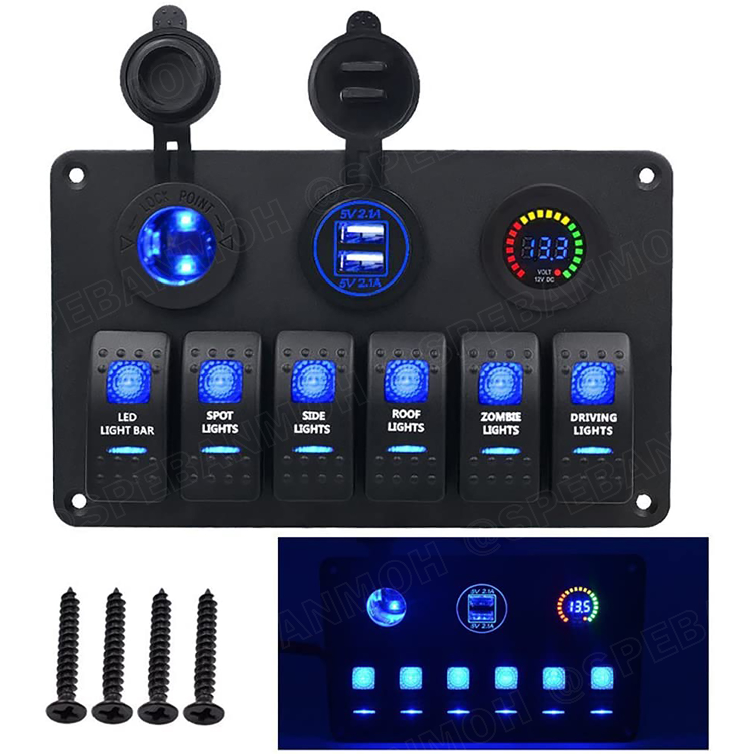 [ 1ชิ้น ] WP-441B1 แผงสวิตช์รถยนต์ เรือ กันน้ำ มีไฟ 12VDC Waterproof 6 gang Rocker Switch Panel for Marine Boat ชุดแผงสสวิทช์ 12V USB-A 2.1A 2Ch สวิทช์ 5ขา มีไฟ LED ช่องสำหรับเสียบปลั๊กจุดบุหรี่ 1ช่อง พร้อมหน้าจอแสดง ดิจิตอล โวลต์มิเตอร์