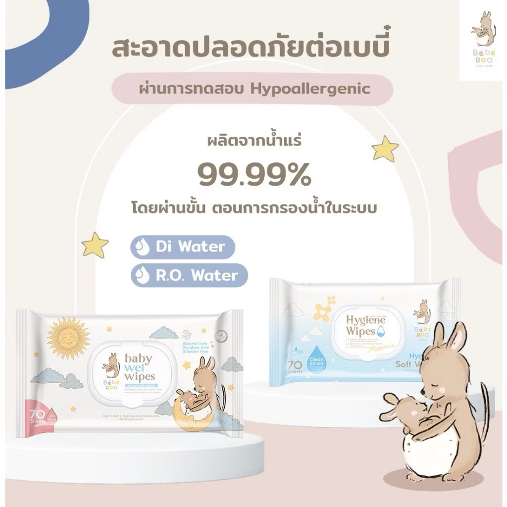 Bébé Roo Baby Wipes | ผ้าเช็ดทำความสะอาดผิวแบบเปียก (สูตรไม่มีแอลกอฮอล์)