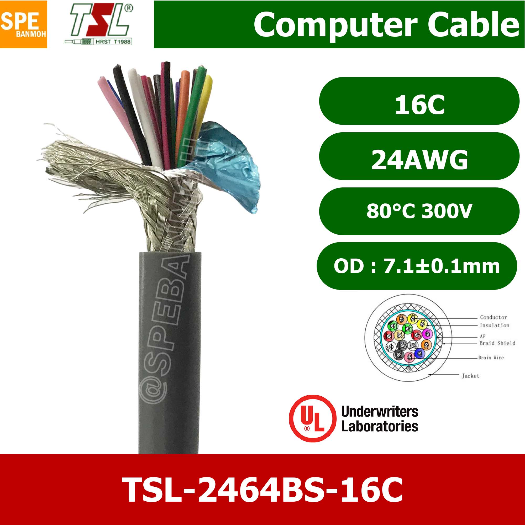 [ 1 เมตร ] TSL UL2464 16C สายคอมพิวเตอร์ 16คอร์ 0.2 mm2 300V 80C สายมัลติคอร์ TSL แบบชีลถัก มาตรฐานUL Braid Shield Mylar Foil แบบชีลถัก สายไฟ สายคอร์นำสัญญาณ
