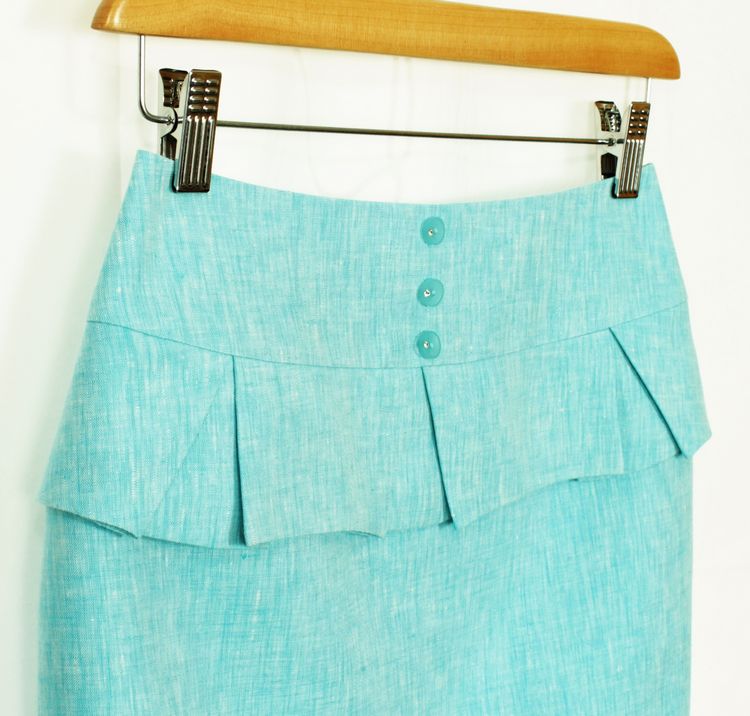 SK-162 กระโปรงแฟชั่น&ทำงาน ทรงสอบ ผ้าลินินญี่ปุ่นสีฟ้า มีลายในตัว