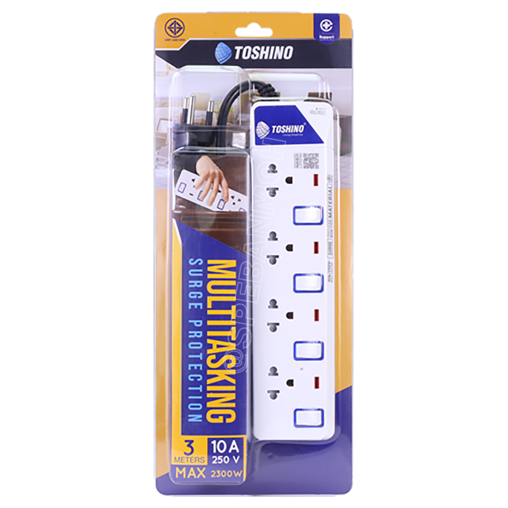 ET-9145M ปลั๊กพ่วง TOSHINO ET Series มาตรฐาน มอก. รางปลั๊กไฟ 4 ช่อง 4 สวิตซ์ 5 เมตร TOSHINO ET9145M ระบบ ป้องกันกระแสไฟเกิน อัตโนมัติ ระบบ ป้องกันไฟกระชาก สวิทช์เปิด-ปิด การใช้งานแยกจุด ผลิตจาก วัสดุไม่ลามไฟ ไฟแสดงสถานะการใช้งาน ม่านนิรภัย ป้องกันไฟดูด