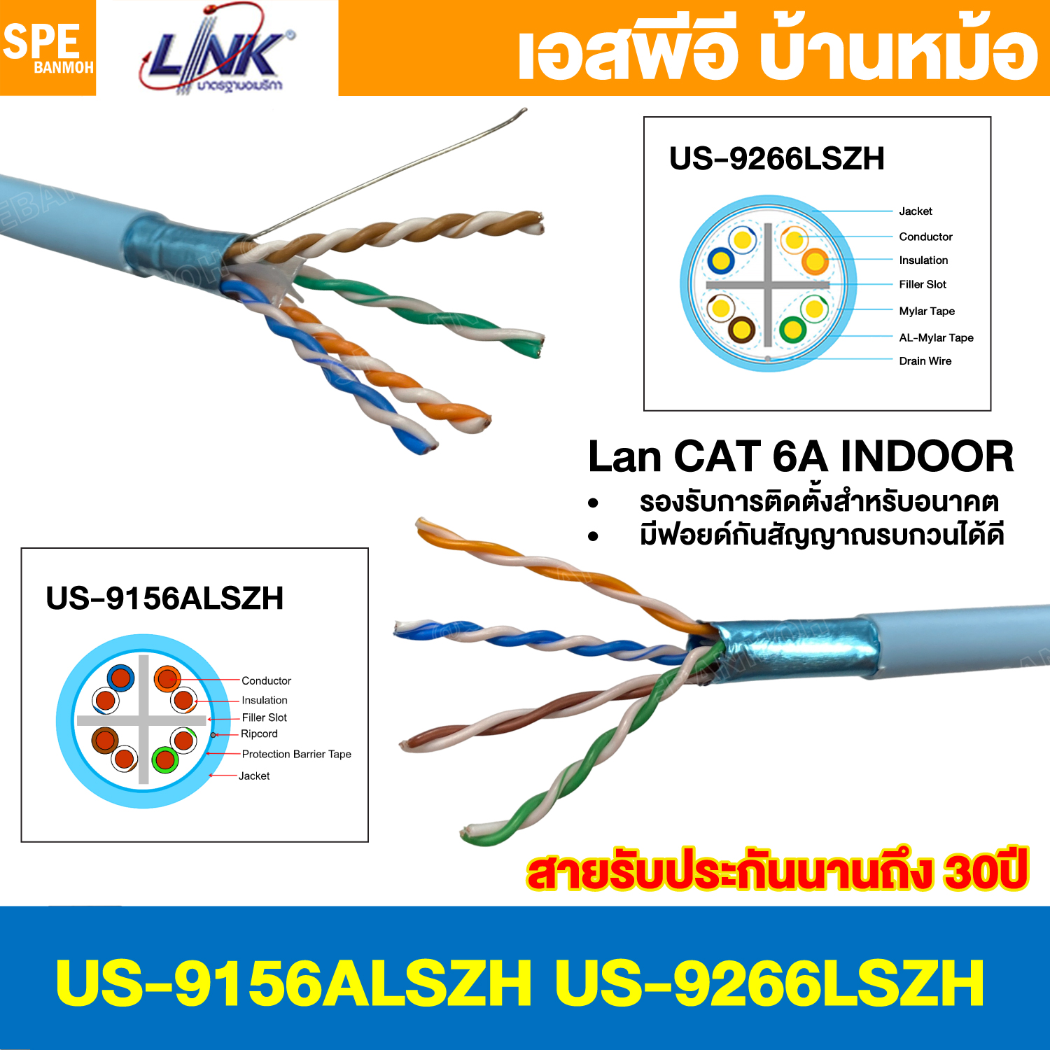 [ 2 เมตร ] US-9156ALSZH US-9266LSZH สายแลนด์ CAT 6A UTP Link Category 6A 23AWG UTP Cable ทองแดงแท้ ลิ้งค์ CAT6A สายเคเบิลเครือข่าย Lan Cable สายแลนเน็ต สายเน็ต สายต่อเน็ต สายข้อมูล Gbps SSTP Gigabit Network Copper LAN