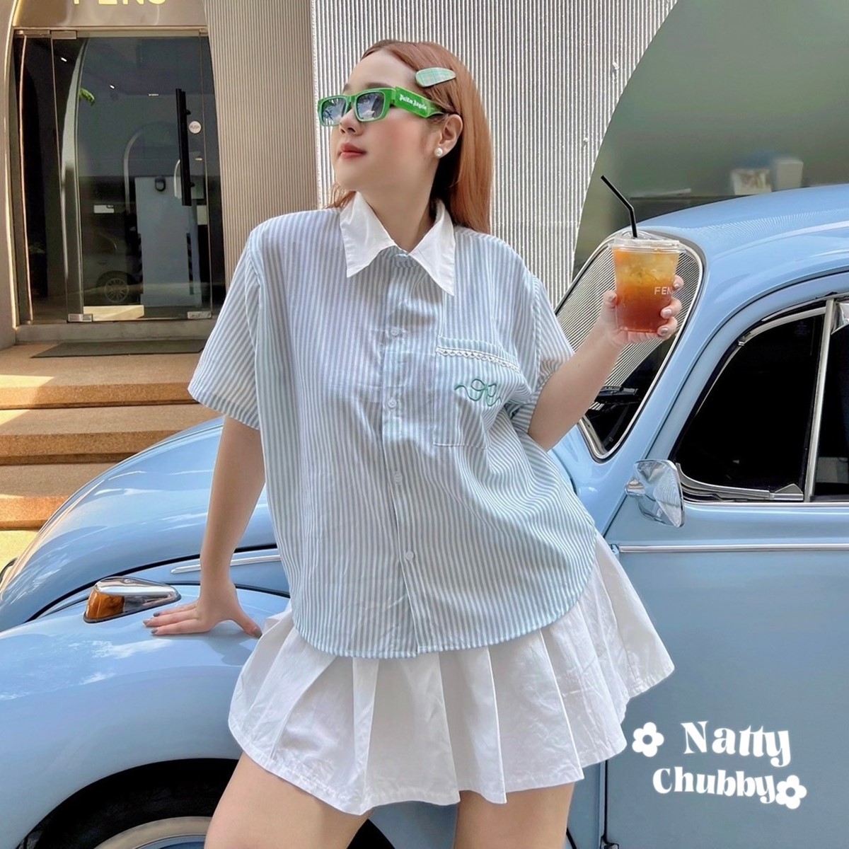 J025 เสื้อเชิ้ตคอปก สาวอวบ ผ้าลายริ้ว อกได้ถึง50นิ้ว