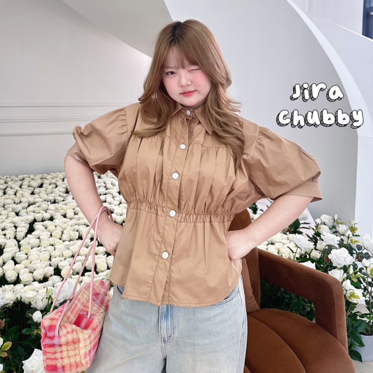 J102 เสื้อเชิ้ต สาวอวบ คอปกจับจีบตรงอก อกได้ถึง 50 นิ้ว (หน้าผ้า52นิ้ว) ชาว ดำ น้ำตาล อก 40-50 นิ้ว