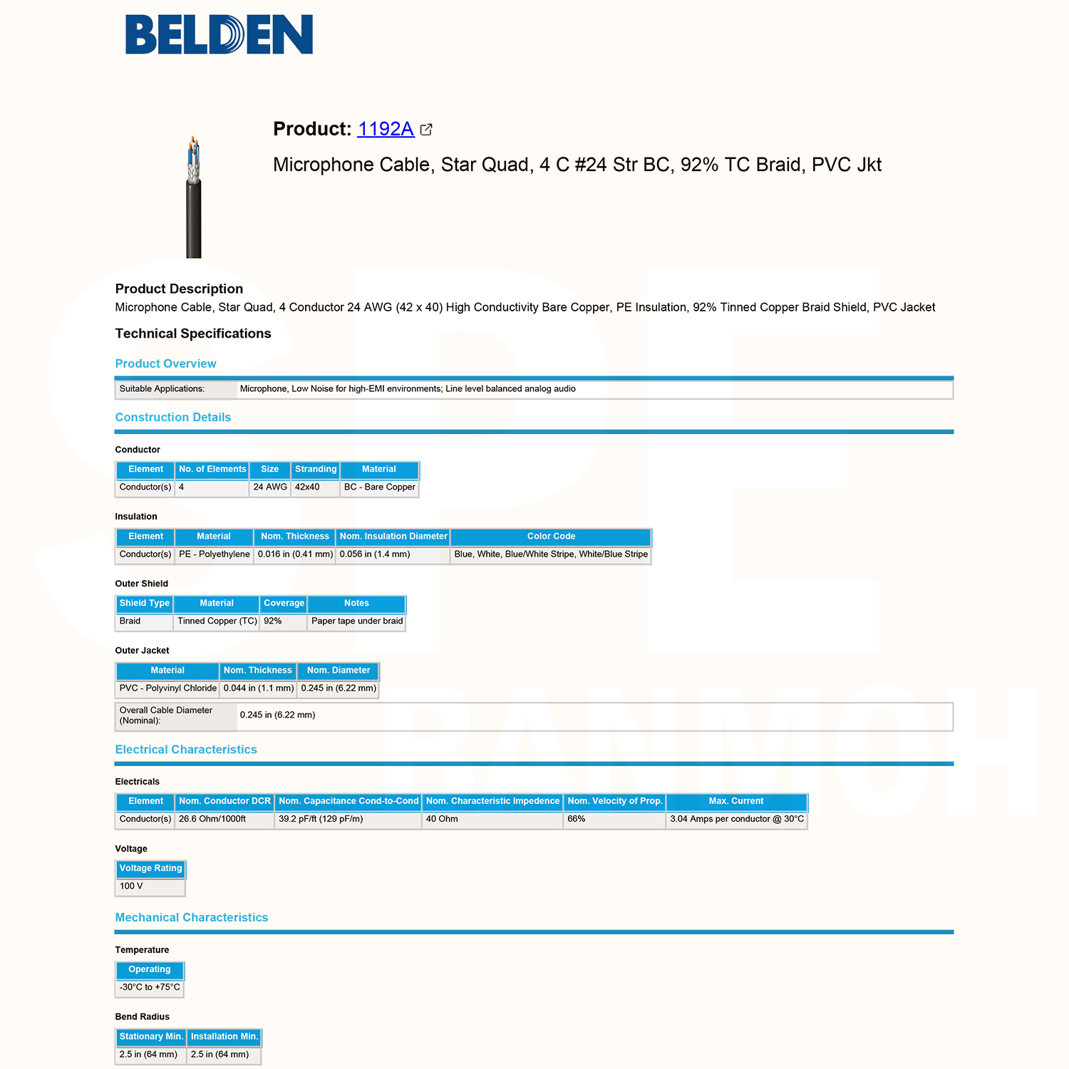 [ 1เมตร ] Belden 1192A สายสัญญาณ Belden 4Conductor 4Cx24AWG 0.2 sq.mm Microphone Cable 4C Braid Shield 92% Coverage OD 6.22mm คุณภาพสูง สายไมโครโฟน Microphone Cable Audio Cable 24 AWG ชีลถัก 92% ทองแดงเคลือบดีบุก TC Braid Shield Star Quad Microphone Cable