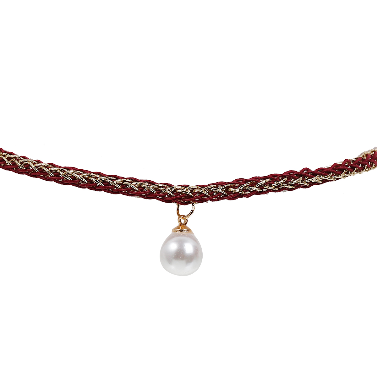 สร้อยคอ Choker แฟชั่น ด้าย Tereryne ถักกับโซ่สีทอง จี้มุกเทียมสีขาว รอบคอ ยาว 33.5cm 1 เส้น