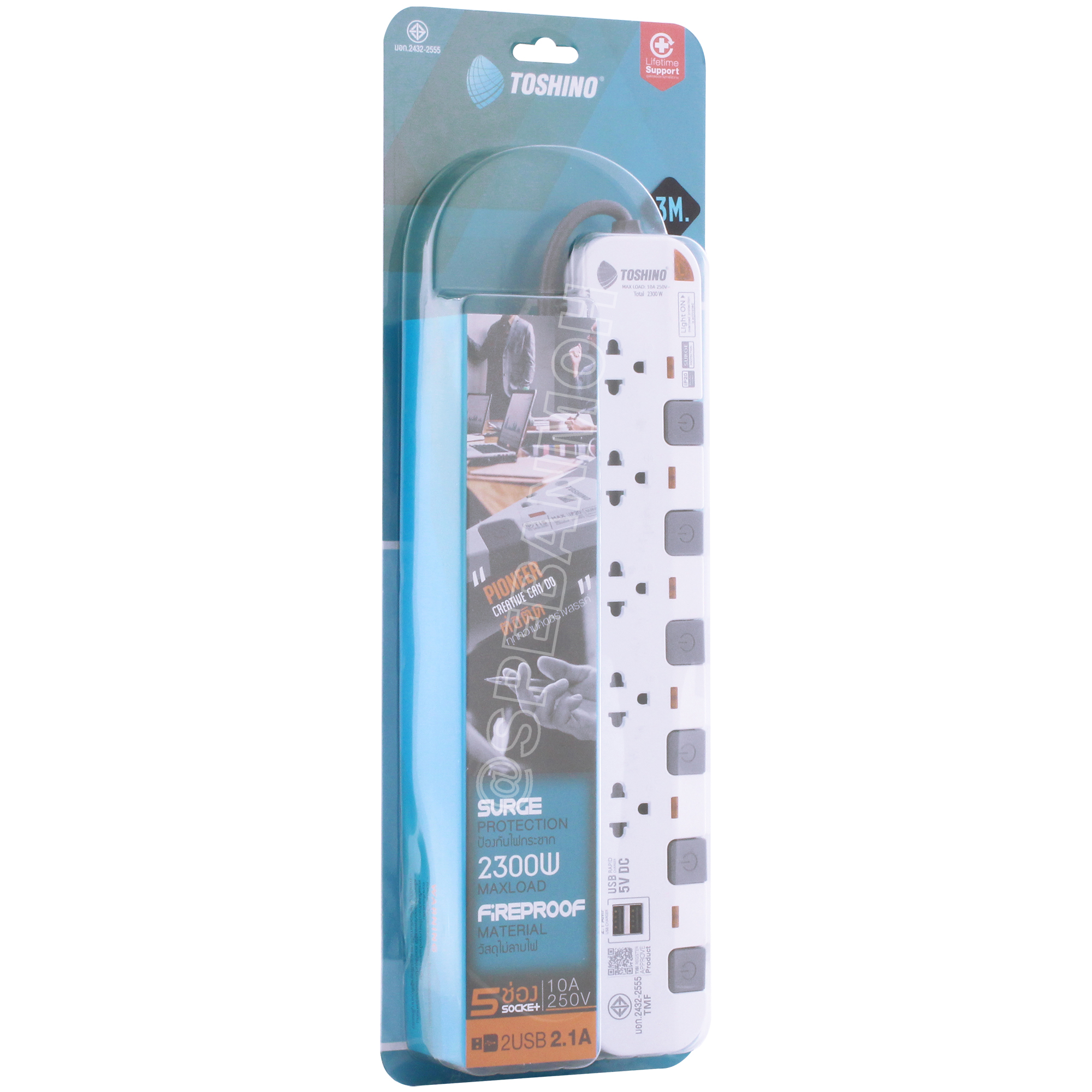 P5375USB-5M ปลั๊กพ่วง Toshino รางปลั๊กไฟ P Series รุ่น P5375USB 5 เมตร 5ช่อง 2USB 2.1A 5สวิตซ์ 5เมตร 250V 10A 2300W ระบบ Surge Protection ป้องกันไฟกระชาก Circuit Breaker ป้องกันไฟเกิน ผลิตจากวัสดุไม่ลามไฟ ม่านนิรภัย ป้องกันนิ้วมือสัมผัสทองเหลืองด้านใน