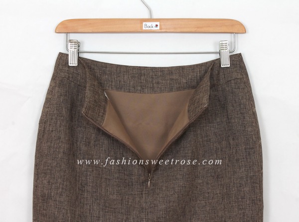 SK-423 กระโปรงแฟชั่น&ทำงาน ทรงสอบ ปักลายก้างปลา ผ้าคอตต้อนลินินไอริสสีน้ำตาล