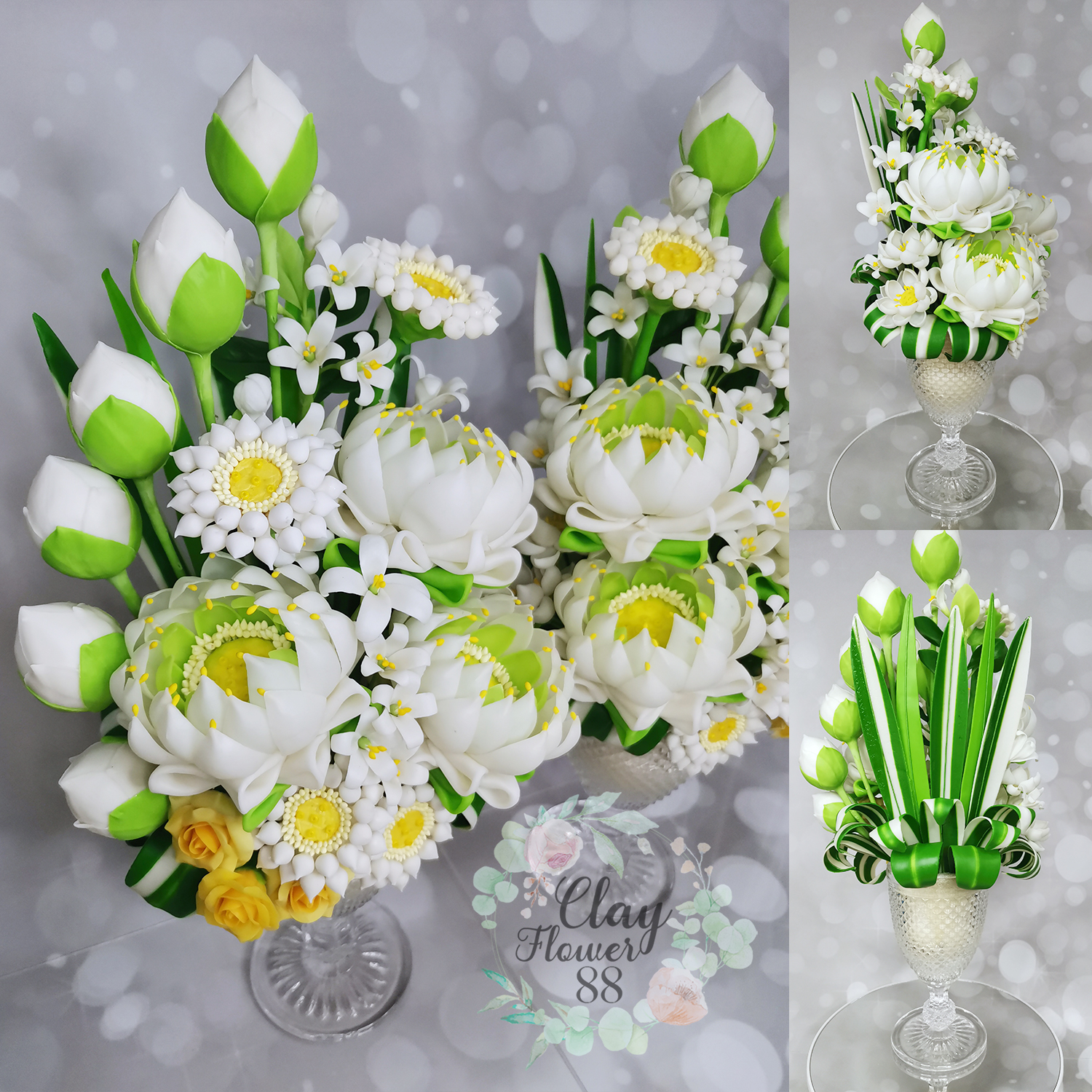 ชุด ดอกบัว สีขาว แจกันแก้ว ดอกไม้ ประดิษฐ์ จาก ดิน ไทย แซม ดอกไม้ ไทย มงคล ถือเป็น ดอกไม้บูชาพระ (สูง 15 นิ้ว จำหน่ายเป็นคู่)