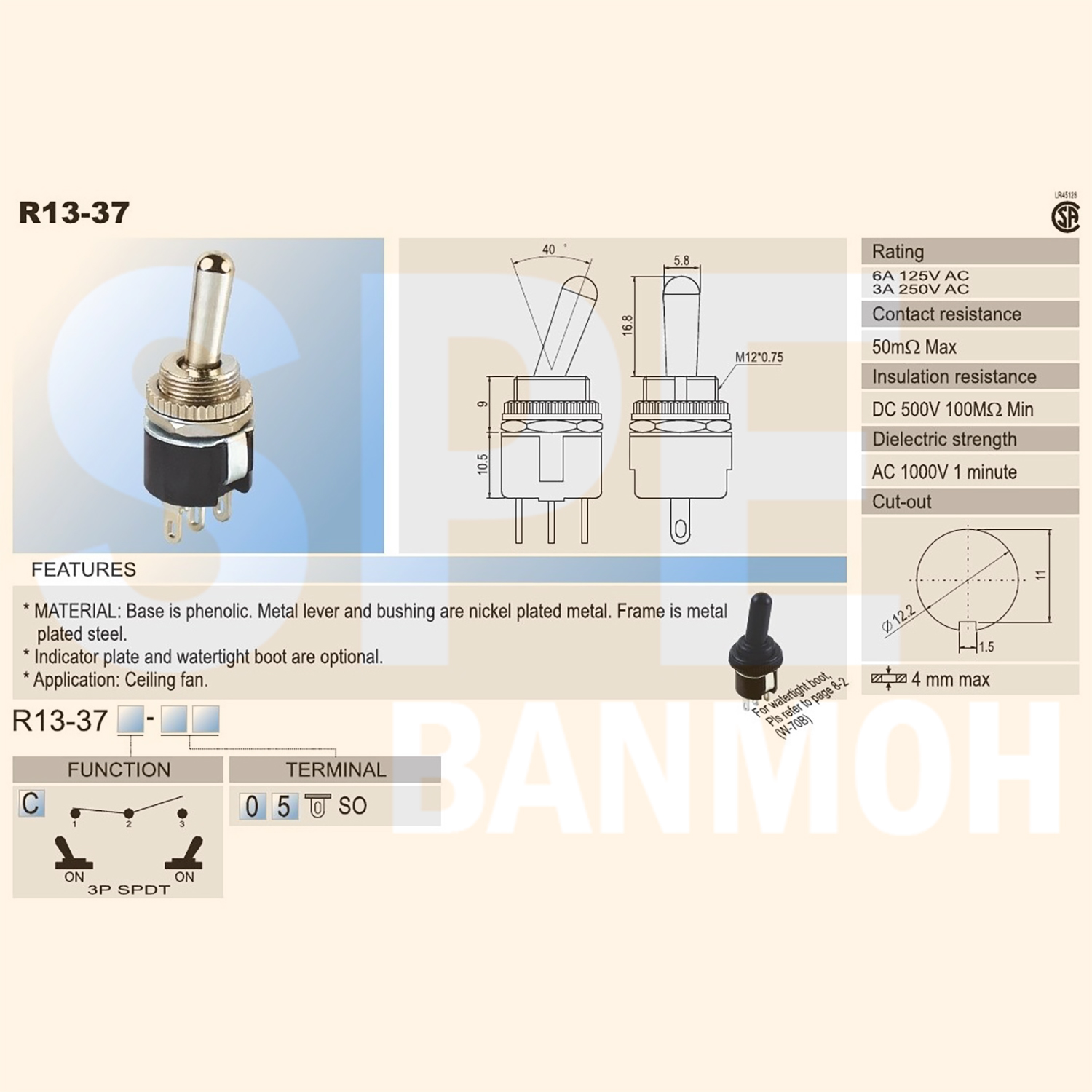 [ 1 ชิ้น ] R13-37C-05 สวิทช์โยก 3 ขา สวิทช์โยก ON-ON สวิทช์ 2 ทาง Rocker Switch เปิด-ปิด สวิทช์ก้านโยก สวิทช์รถยนต์ สวิทช์คันโยก Toggle Switch ติดตั้งกับอุปกรณ์ไฟฟ้า ตู้ควบคุม Rocker Switch ON/ON 3 ขา