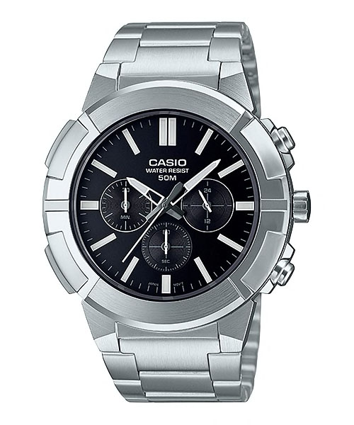 CASIO รุ่น MTP-E500D-1AVDF สายสเเตนเลส สีเงิน จอดำ สินค้าใหม่ ของเเท้ รับประกันศูนย์ CMG 1 ปี