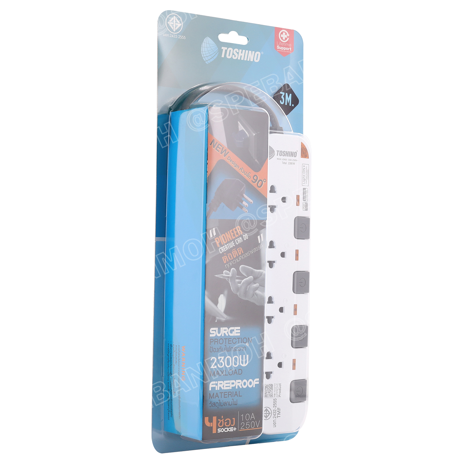 P4375-3M-WGS รุ่นพิเศษ หัวปลั๊กงอ 90 องศา ปลั๊กพ่วง Toshino P Series รางปลั๊กไฟ Toshino รุ่น P4375 3 เมตร 4ช่อง 4สวิตซ์ 3เมตร 250V 10A 2300W ระบบ Surge Protection ป้องกันไฟกระชาก Circuit Breaker ป้องกันไฟเกิน ผลิตจากวัสดุไม่ลามไฟ ม่านนิรภัย ป้องกันนิ้วมือ