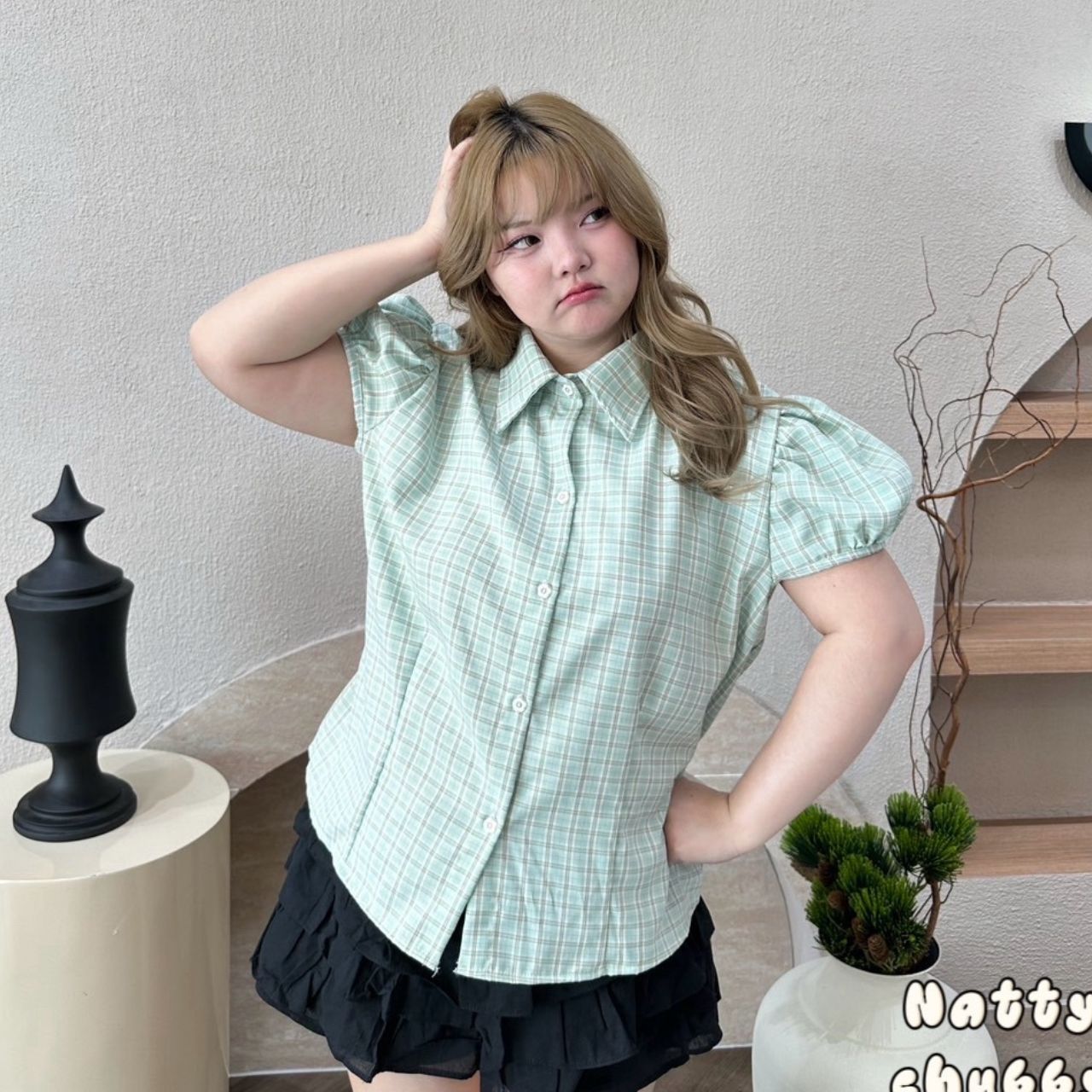 J183 เสื้อสาวอวบ ลายสก็อต แขนตุ๊กตา มีเชือกพูกหลัง ชมพู เหลือง เขียว ม่วง อกได้ถึง48นิ้ว หน้าผ้า50นิ้ว