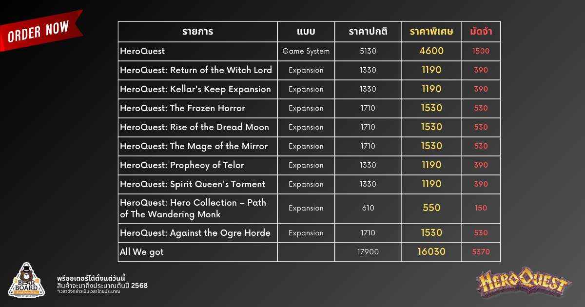 [Pre-Order] HeroQuest ภารกิจฮีโร่ผจญภัยในดันเจี้ยน บอร์ดเกม ของแท้