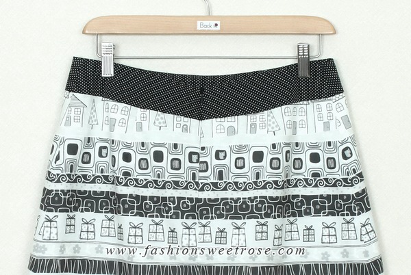 SK-327 กระโปรงแฟชั่น&ทำงาน ทรงบาน ผ้าคอตต้อนญี่ปุ่นพิมพ์ลายกราฟฟิกโทนขาว-ดำ