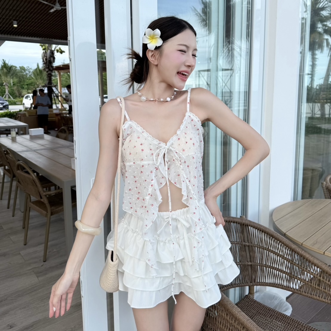 Yuki tank top 💕เสื้อสายเดี่ยวกรุยกราย ผูกโบว์หน้า