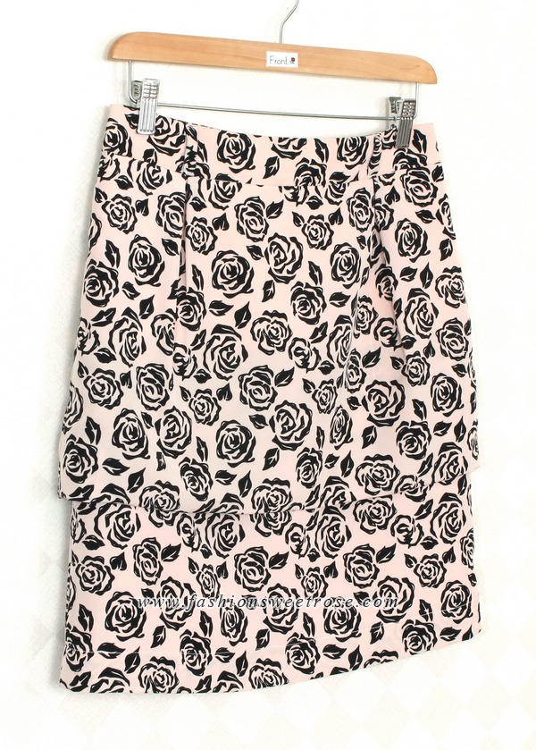 SK-320 กระโปรงแฟชั่น&ทำงาน ทรงสอบ ผ้าวาเลนติโนพิมพ์ลายดอกกุหลาบดำพื้นชมพู ตัวกระโปรงซ้อนกัน 2 ชั้น