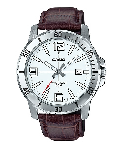 CASIO Standard รุ่น MTP-VD01L-7BVUDF สายหนังสังเคราะห์สีน้ำตาล จอขาว สินค้าใหม่ ของแท้ รับประกันศูนย์ CMG