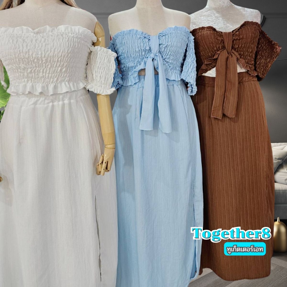 A145 ชุดเซ็ท สาวอวบ plus size งาน3ชิ้น เสื้อเกาะอก กระโปรง ผ้าผูกอกหรือผูกผม ขาว ดำ ฟ้า น้ำตาล อก40-50 นิ้ว