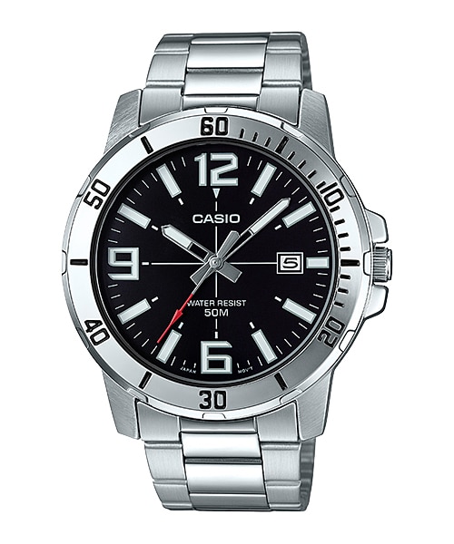 CASIO Standard รุ่น MTP-VD01D-1BUVDF สายสแตนเลส สีเงิน หน้าปัดดำ สินค้าของเเท้ รับประกันศูนย์ CMG