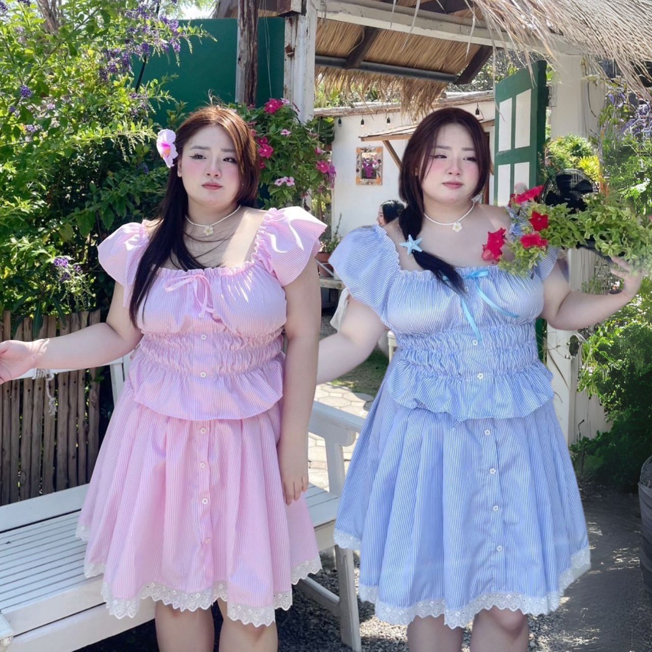 J111 ต้อนรับลมร้อน ชุดเซ็ท สาวอวบ 2 ชิ้น เสื้อ มาพร้อมกระโปรง ชมพู ฟ้า อกได้ถึง48 นิ้ว เอว34-42นิ้ว