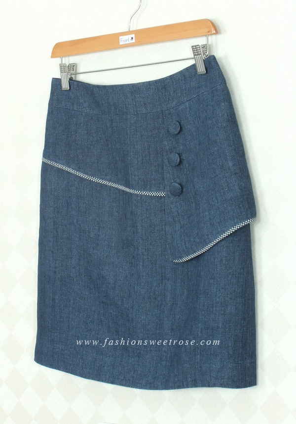 SK-315 กระโปรงทรงเอ ผ้าลินินญี่ปุ่นสียีนส์ แต่งกุ้นระบายด้วยผ้าลายสก๊อต