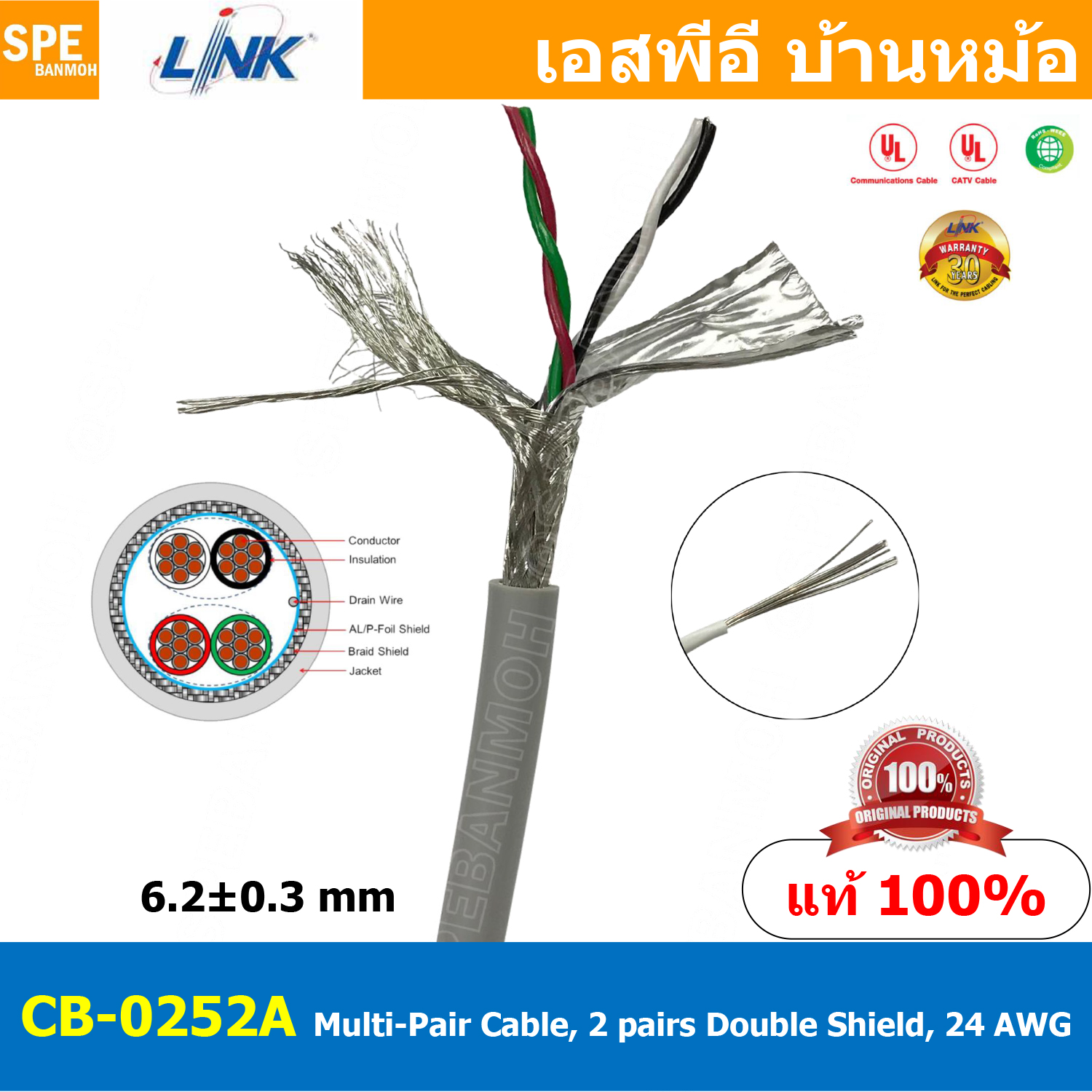 [ 2เมตร ] CB-0252A สายมัลติแพร์ Multi-Pair Cable 2 pairs Double Shield 24 AWG สายคอนโทรล General control สายมัลติคอร์ ทวิสแพร์ Twisted Pair สายตีเกลียว 4C Multicore Cable RS-232 RS-422 RS-423 and RS-485
