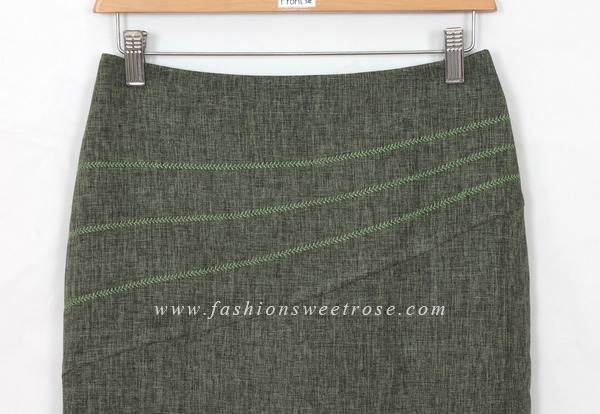 SK-424 กระโปรงแฟชั่น&ทำงาน ทรงสอบ ปักลายก้างปลา ผ้าคอตต้อนลินินไอริสสีเขียว