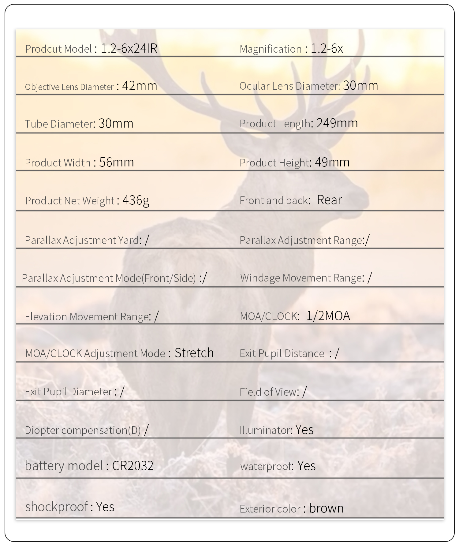 กล้องติดปืน กันน้ำ กันกระแทก มีไฟเส้นเล็ง 2 สี T-EAGLE ER 1.2-6X24 IR HK BROWN