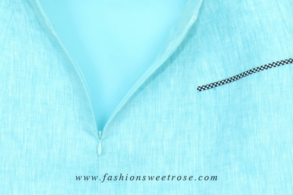 SK-313 กระโปรงทรงเอ ผ้าลินินญี่ปุ่นสีฟ้า แต่งกุ้นระบายด้วยผ้าลายสก๊อต