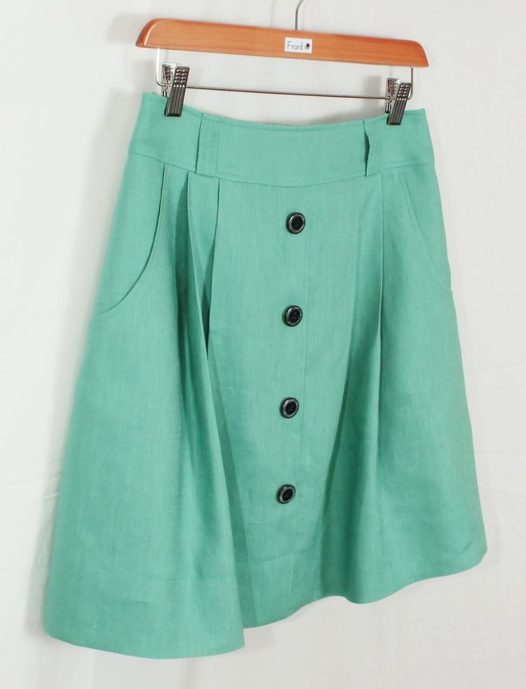 SK-193 กระโปรงแฟชั่น&ทำงาน ทรงบาน ผ้าลินินญี่ปุ่นสีเขียวพาสเทล มีกระเป๋าล้วงได้ 2 ข้าง