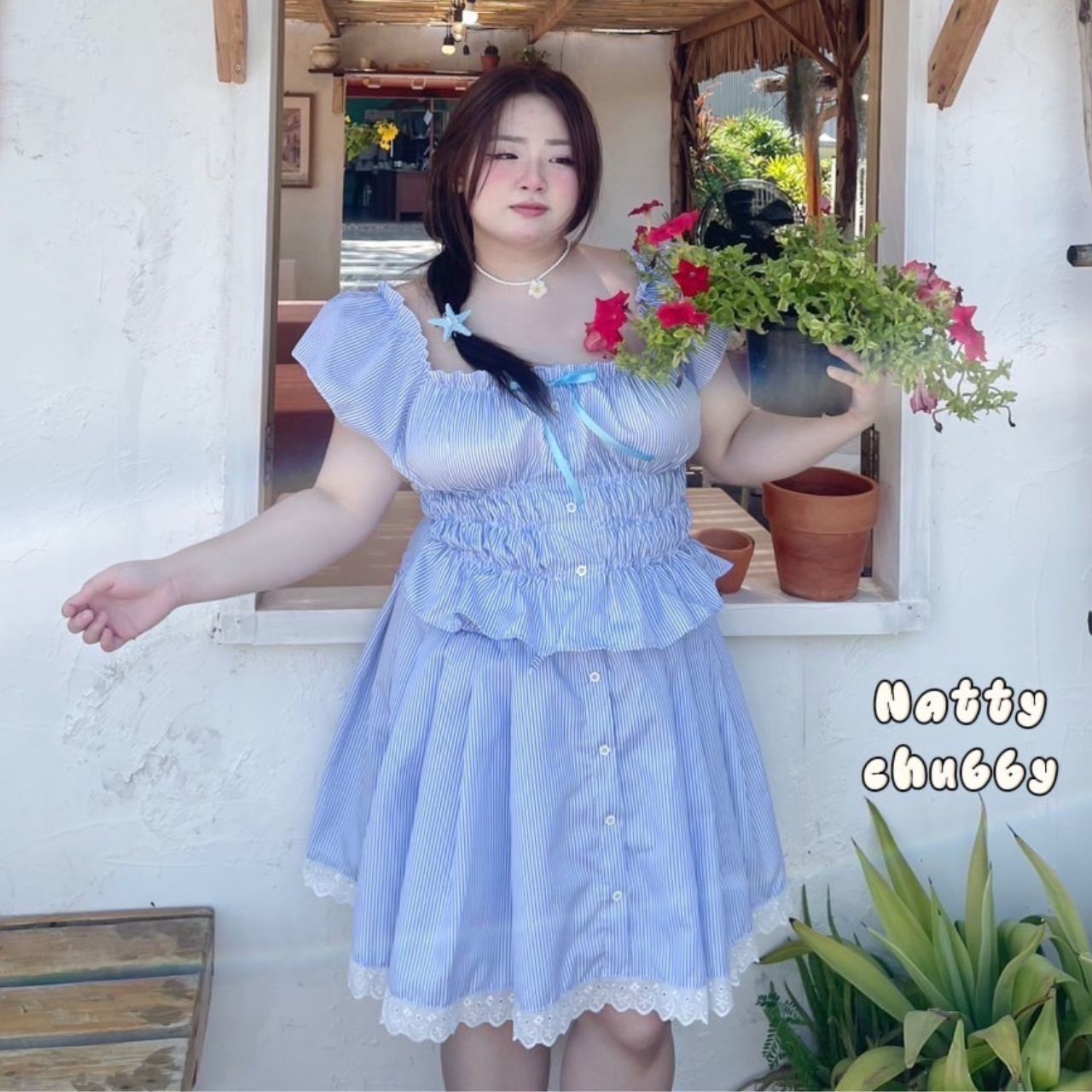 J111 ต้อนรับลมร้อน ชุดเซ็ท สาวอวบ 2 ชิ้น เสื้อ มาพร้อมกระโปรง ชมพู ฟ้า อกได้ถึง48 นิ้ว เอว34-42นิ้ว