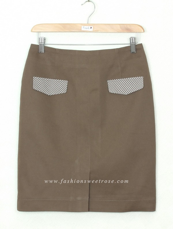 SK-310 กระโปรงแฟชั่น&ทำงาน ทรงสอบ ผ้า Cotton Japan สีน้ำตาล มีกระเป๋าหน้า 2 ข้าง