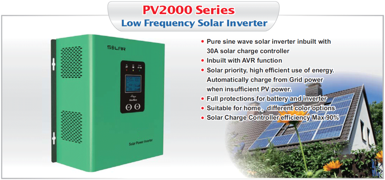 อินเวอร์เตอร์พร้อมโซล่าชาร์จเจอร์ 500VA/1200VA/2000VA 12V/24Vpure sine wave with solar charge controller