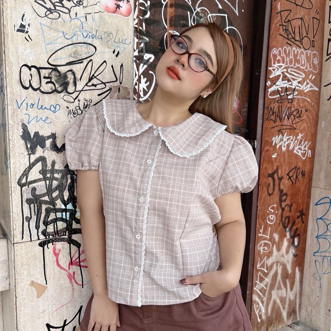 J151 เสื้อ สาวอวบ คอบัวแขนตุ๊กตา ผ้าลายสก็อต แต่งลูกไม้ที่คอและตัว โอรส ครีม เหลือง ม่วง อก 38-50 นิ้ว