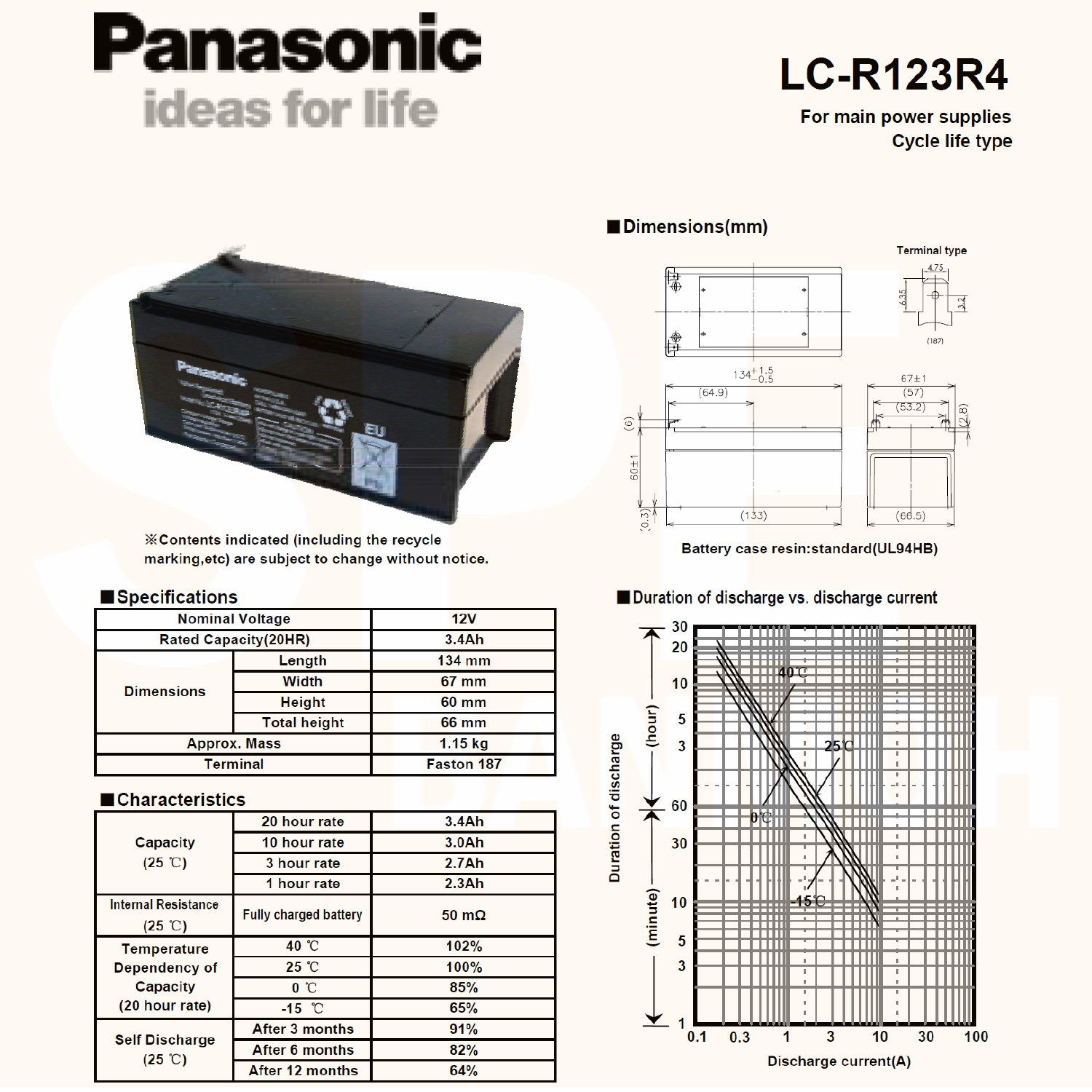 LC-R123R4P Panasonic Battery 12V 3.4A แบตเตอรี่แห้ง สำรองไฟ 12V 3.4Ah Panasonic แบตเตอรี่พานาโซนิค แบตเตอรี่ Panasonic แบตแห้ง Panasonic แบต UPS ไฟฉุกเฉิน ระบบเตือนภัย แบตเครื่องสำรองไฟ แบตไฟฉุกเฉิน แบตUPS แบตเตอรี่แห้ง Panasonic Vaive Regulated Lead Acid