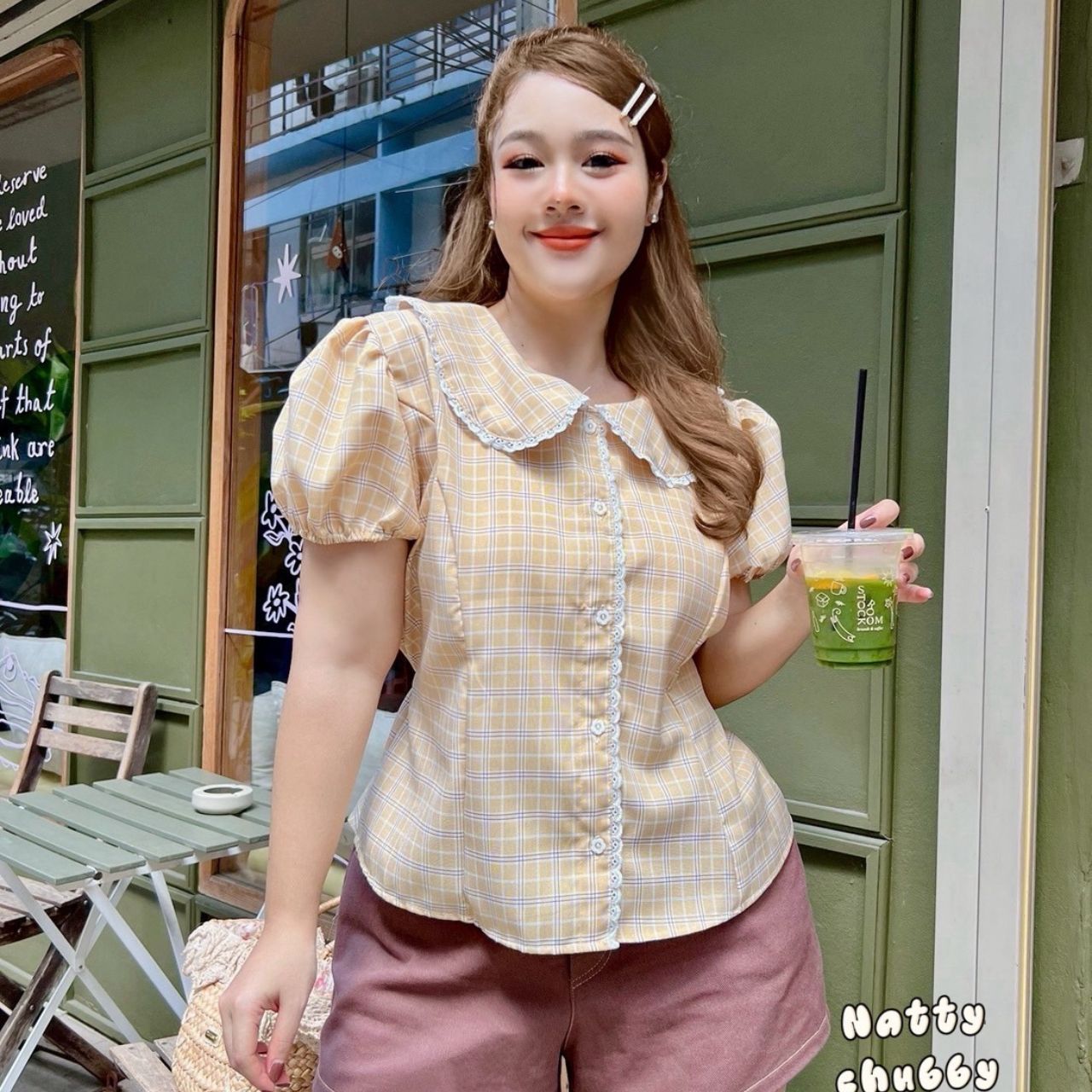 J151 เสื้อ สาวอวบ คอบัวแขนตุ๊กตา ผ้าลายสก็อต แต่งลูกไม้ที่คอและตัว โอรส ครีม เหลือง ม่วง อก 38-50 นิ้ว