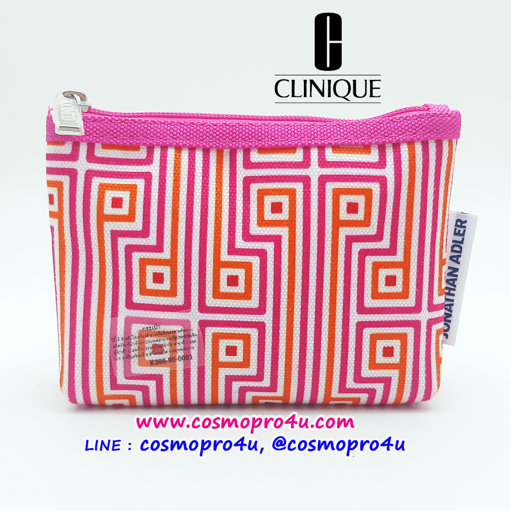 กระเป๋า Clinique รุ่น Jonathan Adler ใบเล็ก 5.5x4 นิ้ว ผ้าหนา ตัดเย็บดี มีการบุให้นุ่ม กันกระแทกได้ ลายเส้นสีชมพูส้ม