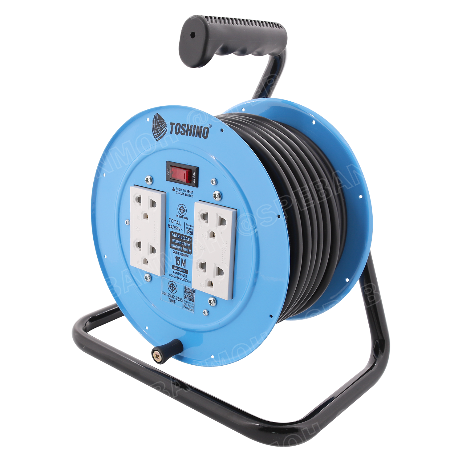 MN2-315T-15M ล้อไฟ Toshino ปลั๊กพ่วง Toshino ปลั๊กไฟ Toshino 16A 3600W MN2 315T 15M 15 เมตร ปลั๊กไฟแบบล้อ Toshino ยาว 15เมตร ล้อเก็บสายไฟ Toshino IP20 VCT 3 x 1.5 sq mm 15เมตร Toshino ระบบ ป้องกันกระแสไฟเกิน อัตโนมัติ ม่านนิรภัย มาตรฐานมอก
