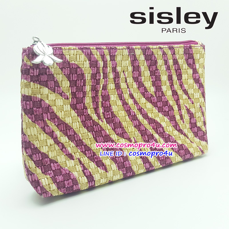 กระเป๋าซิสเล่ SISLEY ลายริ้วเสือโคร่งสีชมพูอมม่วง มีเลื่อมประกายทองทั่วใบ สัมผัสคล้ายกระเป๋าสานแต่นุ่มเนียนกว่า ภายในลายดอกไม้ สวยเก๋มาก ทรงแบน9x5นิ้ว