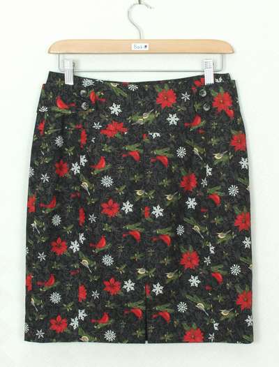 SK-337 กระโปรงแฟชั่น&ทำงาน ทรงสอบ ผ้าคอตต้อนญี่ปุ่นพิมพ์ลายดอกไม้และนก โทนสีเข้ม พร้อมโบว์คาดเอว