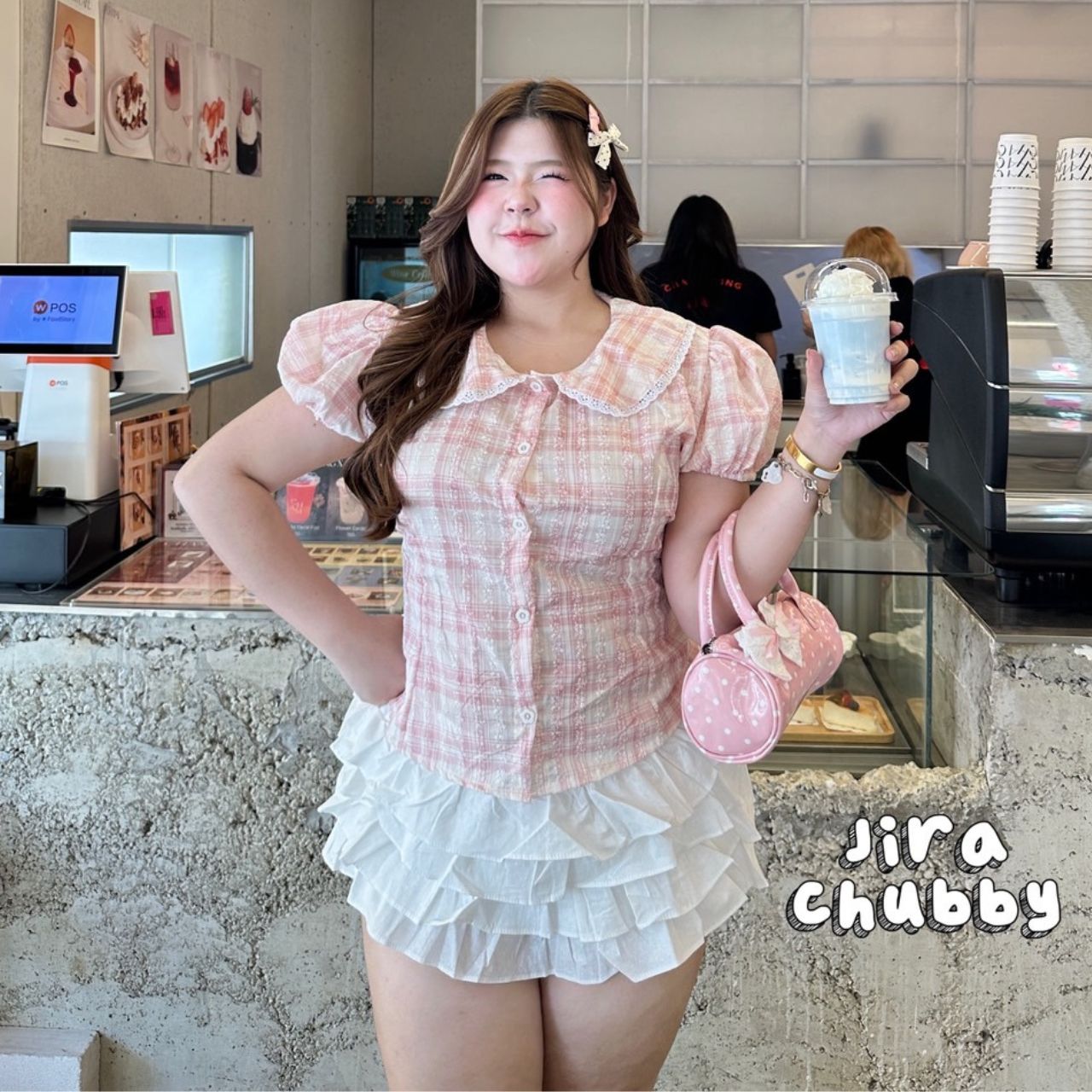 J152 เสื้อสาวอวบ คอบัวแต่งลูกไม้ แขนตุ๊กตา มีเชือกพูกหลัง ฟ้า ชมพู อกได้ถึง48นิ้ว หน้าผ้า50นิ้ว