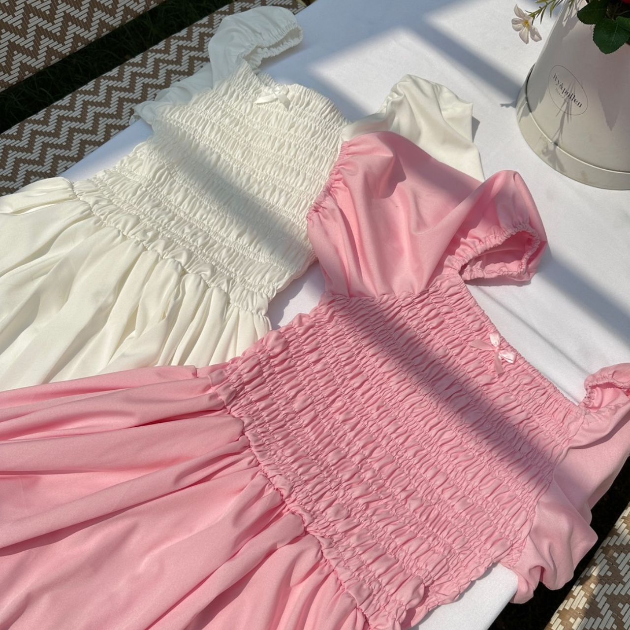 J097 เดรสสาวอวบ กระโปรงทรงบอลลูน อกได้ถึง 48นิ้ว หน้าผ้า50นิ้ว ขาว ชมพูนม อก 48-48