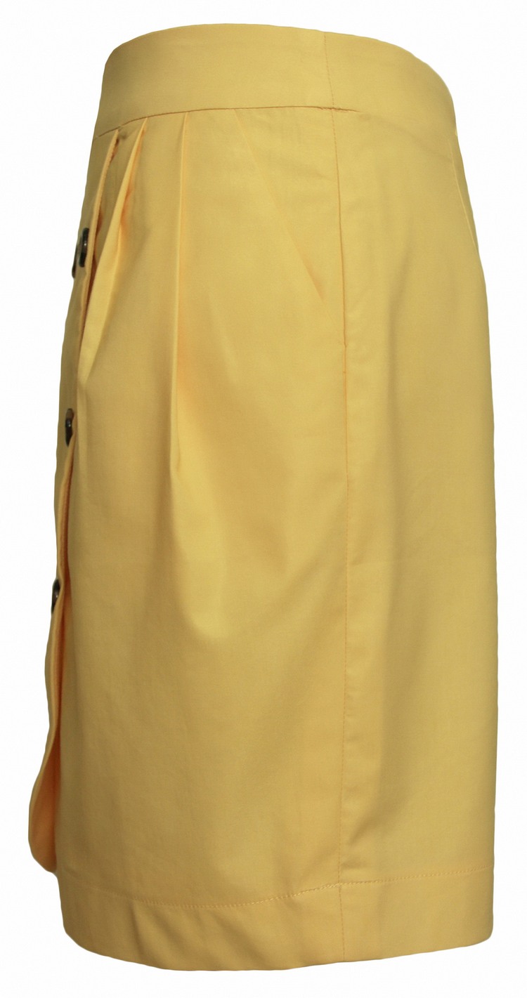 SK-092 กระโปรงแฟชั่น&ทำงาน ทรงสอบ ผ้าคอตต้อนญี่ปุ่นผสมสเปนเดกสีเหลือง แต่งด้วยกระดุม 6 เม็ด