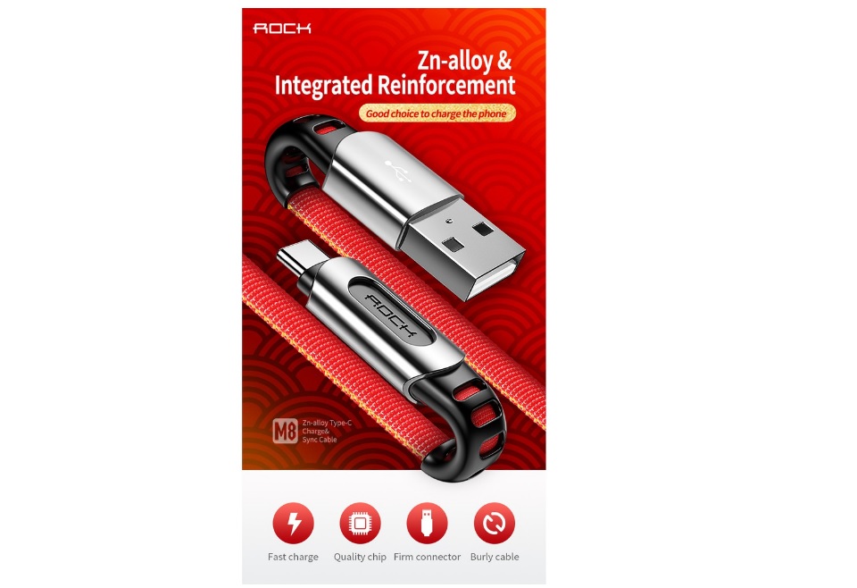 Rock M8 Zn-alloy Type-C Charge& Sync Cable 1M สายฟาสต์ชาร์จและซิงค์ Type-C สายถักอย่างดี 1 เมตร