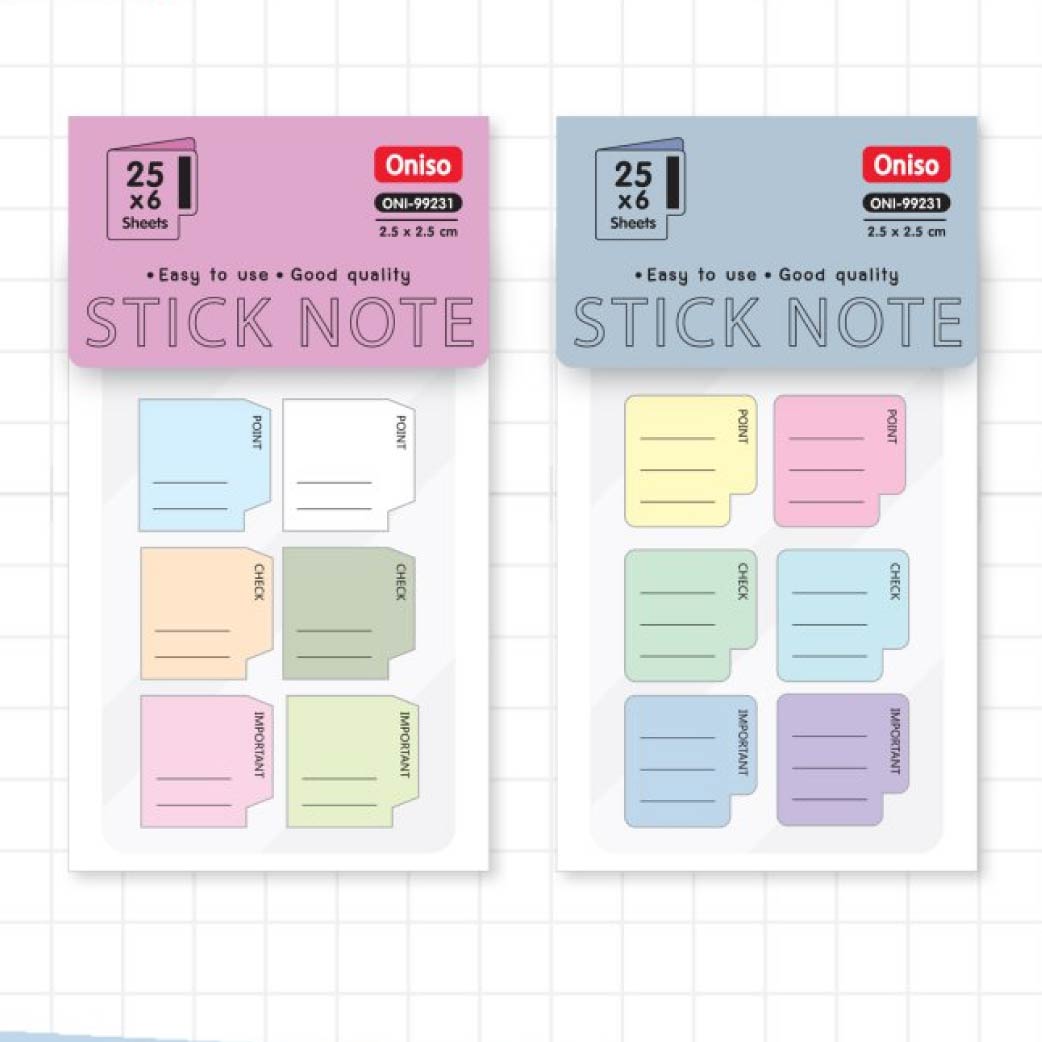 กระดาษโน๊ต มีกาวในตัว อินเด็กซ์ Stick note ONISO รุ่น ONI-99231 ขนาด 2.5 x 2.5 cm. 6 สี 150 แผ่น