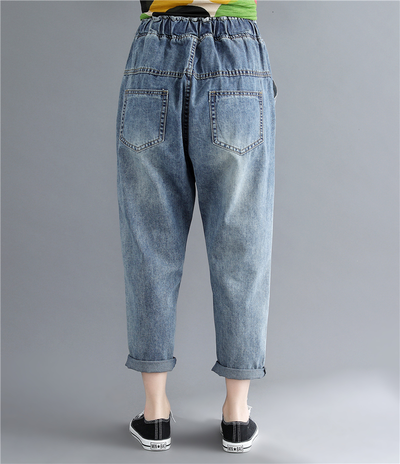 JPNT-010 กางเกงยีนส์ขายาว 5 ส่วน แต่งเซอร์ๆๆปะด้วยผ้าลายสวยงาม เอวยางยืด เนื้อผ้านิ่มไม่หนา