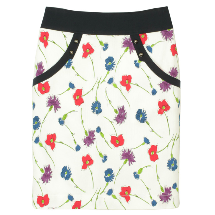 SK-186 กระโปรงแฟชั่น&ทำงาน ทรงสอบ ผ้าญี่ปุ่นผสมสเป็นเด็กพิมพ์ลายดอกไม้หลายสีพื้นขาว