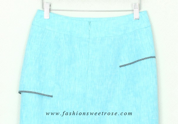 SK-313 กระโปรงทรงเอ ผ้าลินินญี่ปุ่นสีฟ้า แต่งกุ้นระบายด้วยผ้าลายสก๊อต