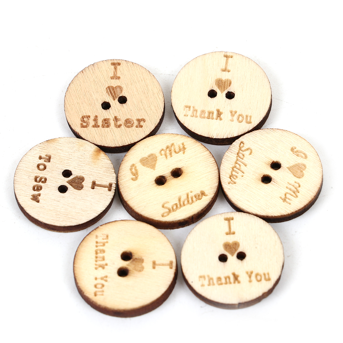 กระดุมไม้ เม็ดกลม 2 รู ขนาด 20 มม. สีไม้ธรรมชาติ คละแบบ แพ็ค 100 เม็ด